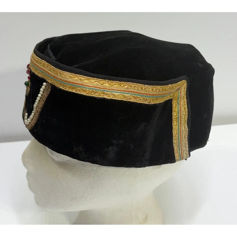 Vintage Black Velvet Pillbox Hat Gold Bullion Embroidery Pearls Made in India